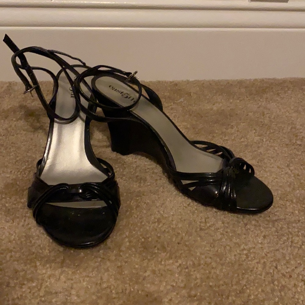 Black strappy wedge sandals